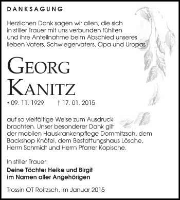 Traueranzeige von Georg Kanitz von WVG - Wochenspiegel Wittenberg