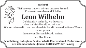 Traueranzeige von Leon Wilhelm von Super Sonntag Wittenberg