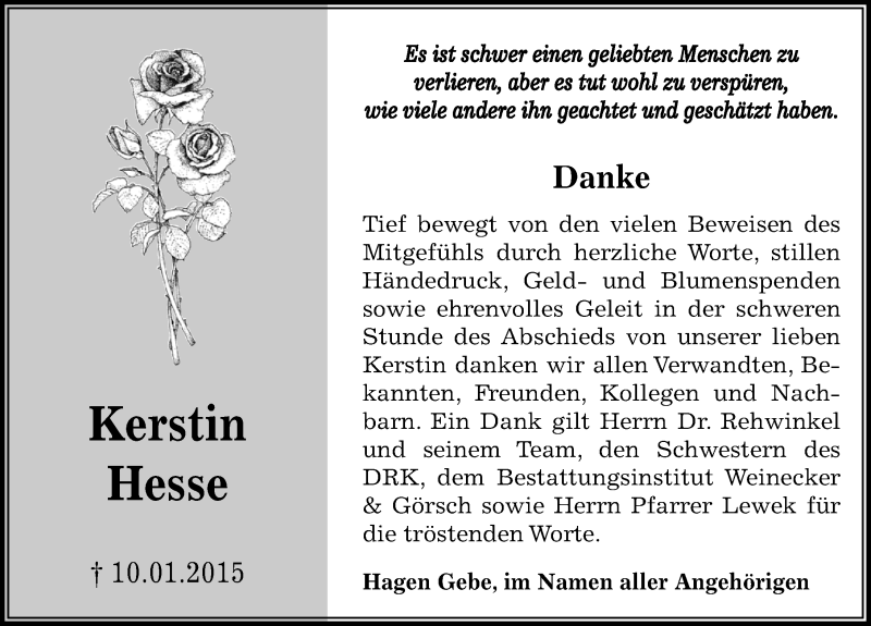  Traueranzeige für Kerstin Hesse vom 14.02.2015 aus Mitteldeutsche Zeitung Bernburg