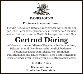 Traueranzeige von Gertrud Döring von Super Sonntag Bernburg