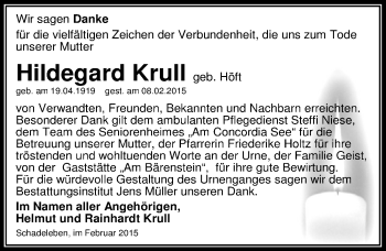 Traueranzeige von Hildegard Krull von Mitteldeutsche Zeitung Aschersleben