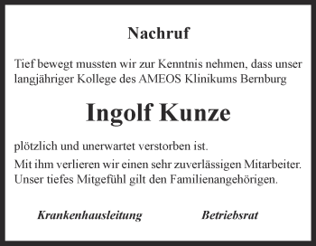 Traueranzeige von Ingolf Kunze von Super Sonntag Bernburg