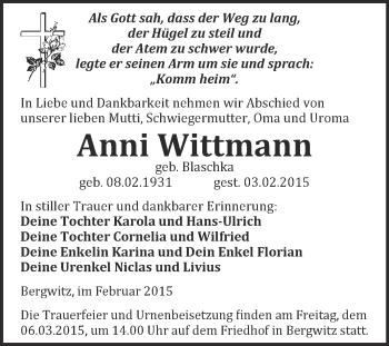 Traueranzeige von Anni Wittmann von WVG - Wochenspiegel Wittenberg