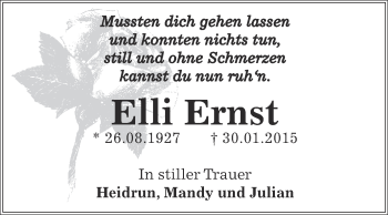 Traueranzeige von Elli Ernst von Super Sonntag Bernburg