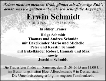 Traueranzeige von Erwin Schmidt von Mitteldeutsche Zeitung Dessau-Roßlau
