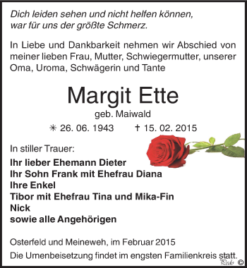 Traueranzeige von Margit Ette von Mitteldeutsche Zeitung Zeitz