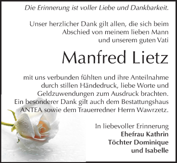 Traueranzeige von Manfred Lietz von Mitteldeutsche Zeitung Zeitz