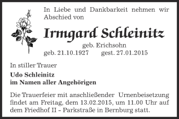 Traueranzeige von Irmgard Schleinitz von Super Sonntag Bernburg
