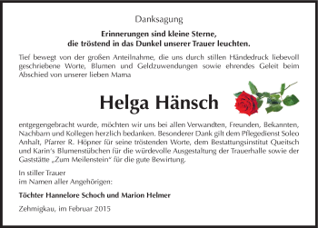 Traueranzeige von Helga Hänsch von Mitteldeutsche Zeitung Köthen