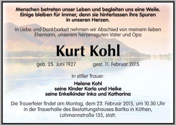 Traueranzeige von Kurt Kohl von Mitteldeutsche Zeitung Köthen