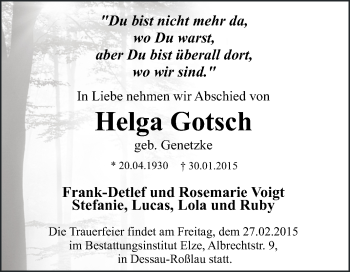 Traueranzeige von Helga Gotsch von WVG - Wochenspiegel Dessau / Köthen