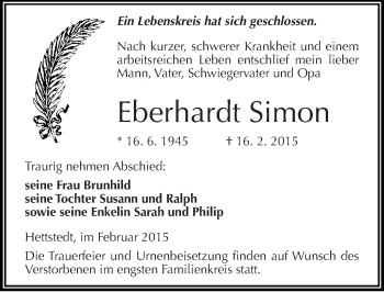 Traueranzeige von Eberhardt Simon von Mitteldeutsche Zeitung Mansfelder Land