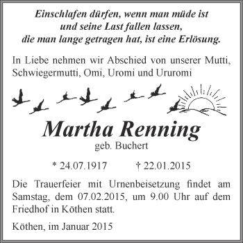 Traueranzeige von Martha Renning von WVG - Wochenspiegel Dessau / Köthen
