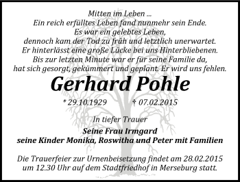 Traueranzeige von Gerhard Pohle von Mitteldeutsche Zeitung Merseburg/Querfurt