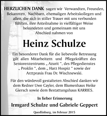 Traueranzeige von Heinz Schulze von Mitteldeutsche Zeitung Quedlinburg