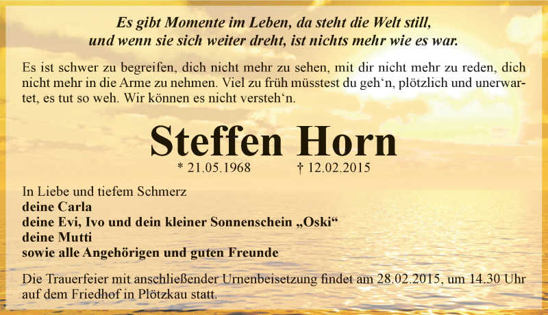  Traueranzeige für Steffen Horn vom 21.02.2015 aus Mitteldeutsche Zeitung Bernburg