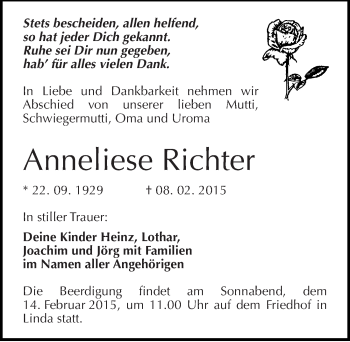Traueranzeige von Anneliese Richter von Mitteldeutsche Zeitung Wittenberg