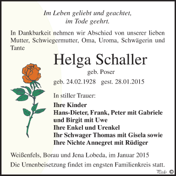 Traueranzeige von Helga Schaller von WVG - Wochenspiegel NMB / WSF / ZTZ