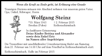 Traueranzeige von Wolfgang Steinz von WVG - Wochenspiegel Halle