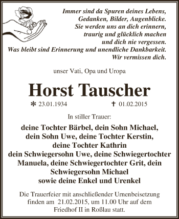 Traueranzeige von Horst Tauscher von WVG - Wochenspiegel Dessau / Köthen