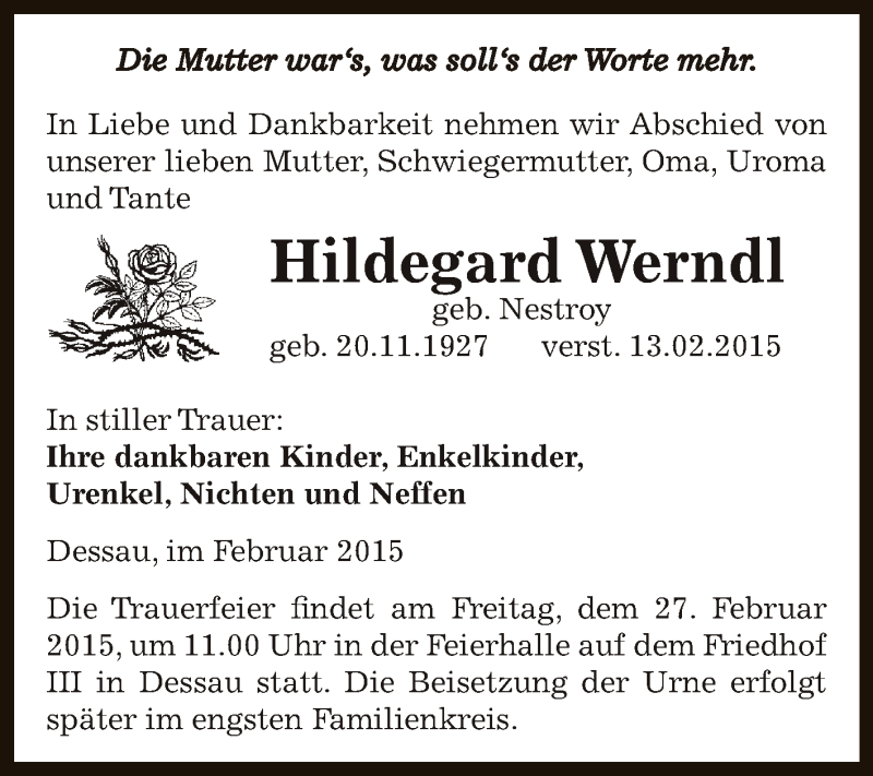  Traueranzeige für Hildegard Werndl vom 22.02.2015 aus WVG - Wochenspiegel Dessau / Köthen