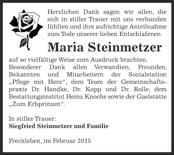Traueranzeige von Maria Steinmetzer von Super Sonntag Aschersleben