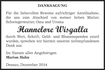 Traueranzeige von Hannelore Wisgalla von WVG - Wochenspiegel Dessau / Köthen