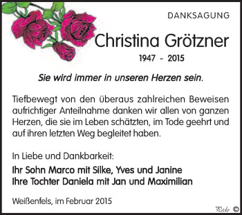 Traueranzeige von Christina Grötzner von WVG - Wochenspiegel NMB / WSF / ZTZ