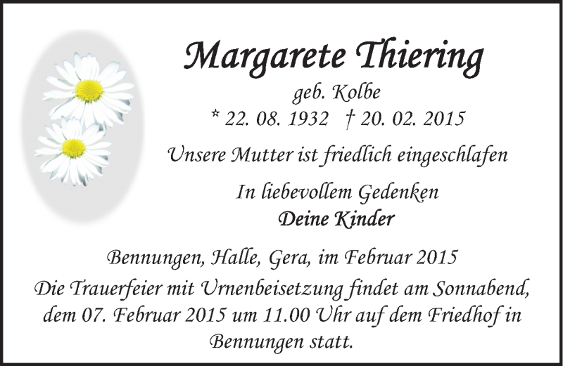  Traueranzeige für Margarete Thiering vom 28.02.2015 aus Mitteldeutsche Zeitung Sangerhausen