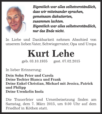 Traueranzeige von Kurt Lehe von WVG - Wochenspiegel Dessau / Köthen