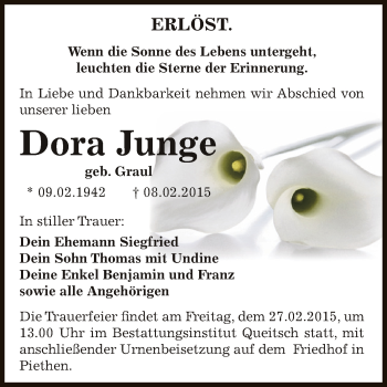 Traueranzeige von Dora Junge von WVG - Wochenspiegel Dessau / Köthen