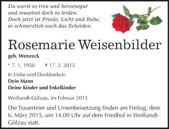 Traueranzeige von Rosemarie Weisenbilder von Mitteldeutsche Zeitung Köthen