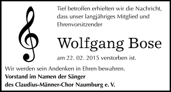 Traueranzeige von Wolfgang Bose von Mitteldeutsche Zeitung Naumburg/Nebra