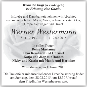 Traueranzeige von Werner Westermann von WVG - Wochenspiegel Quedlinburg
