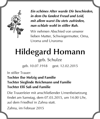 Traueranzeige von Hildegard Homann von Mitteldeutsche Zeitung Wittenberg
