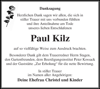 Traueranzeige von Paul Kilz von WVG - Wochenspiegel Dessau / Köthen