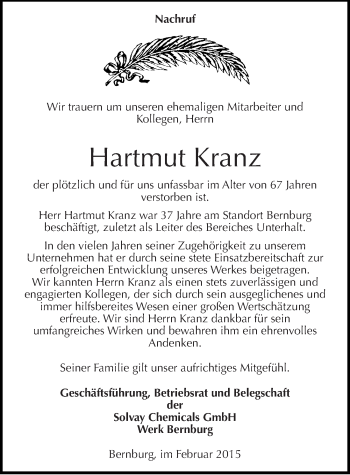 Traueranzeige von Hartmut Kranz von Mitteldeutsche Zeitung Bernburg