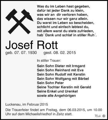 Traueranzeige von Josef Rott von Super Sonntag Zeitz