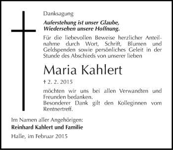 Traueranzeige von Maria Kahlert von Mitteldeutsche Zeitung Halle/Saalkreis