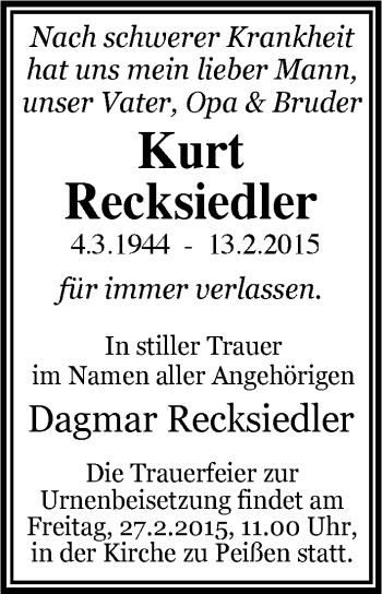 Traueranzeige von Kurt Recksiedler von Mitteldeutsche Zeitung Halle/Saalkreis