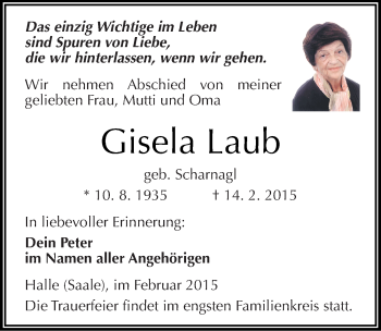 Traueranzeige von Gisela Laub von Mitteldeutsche Zeitung Halle/Saalkreis