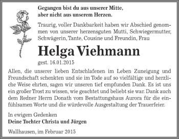 Traueranzeige von Helga Viehmann von Super Sonntag SGH Mansf. Land