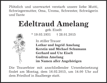 Traueranzeige von Edeltraud Amelang von Super Sonntag Bernburg