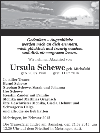 Traueranzeige von Ursula Schewe von Super Sonntag Aschersleben