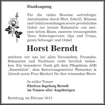 Traueranzeige von Horst Berndt von Super Sonntag Bernburg