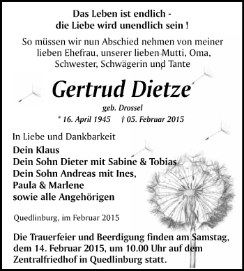 Traueranzeige von Gertrud Dietze von WVG - Wochenspiegel Quedlinburg