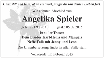 Traueranzeige von Angelika Spieler von Super Sonntag Wittenberg