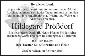 Traueranzeige von Hildegard Prößdorf von WVG - Wochenspiegel Merseburg