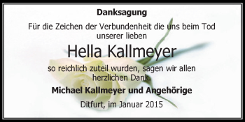 Traueranzeige von Hella Kallmeyer von Super Sonntag Aschersleben