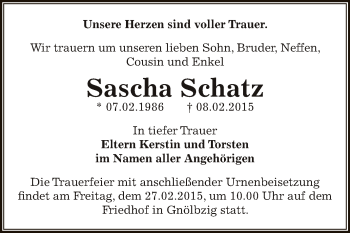 Traueranzeige von Sascha Schatz von Super Sonntag Bernburg